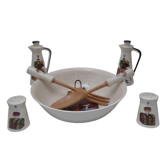 Vtg 1950's Japan Ceramic Salad Serving 7PC Set S&P Cruets - Picture 2 of 4